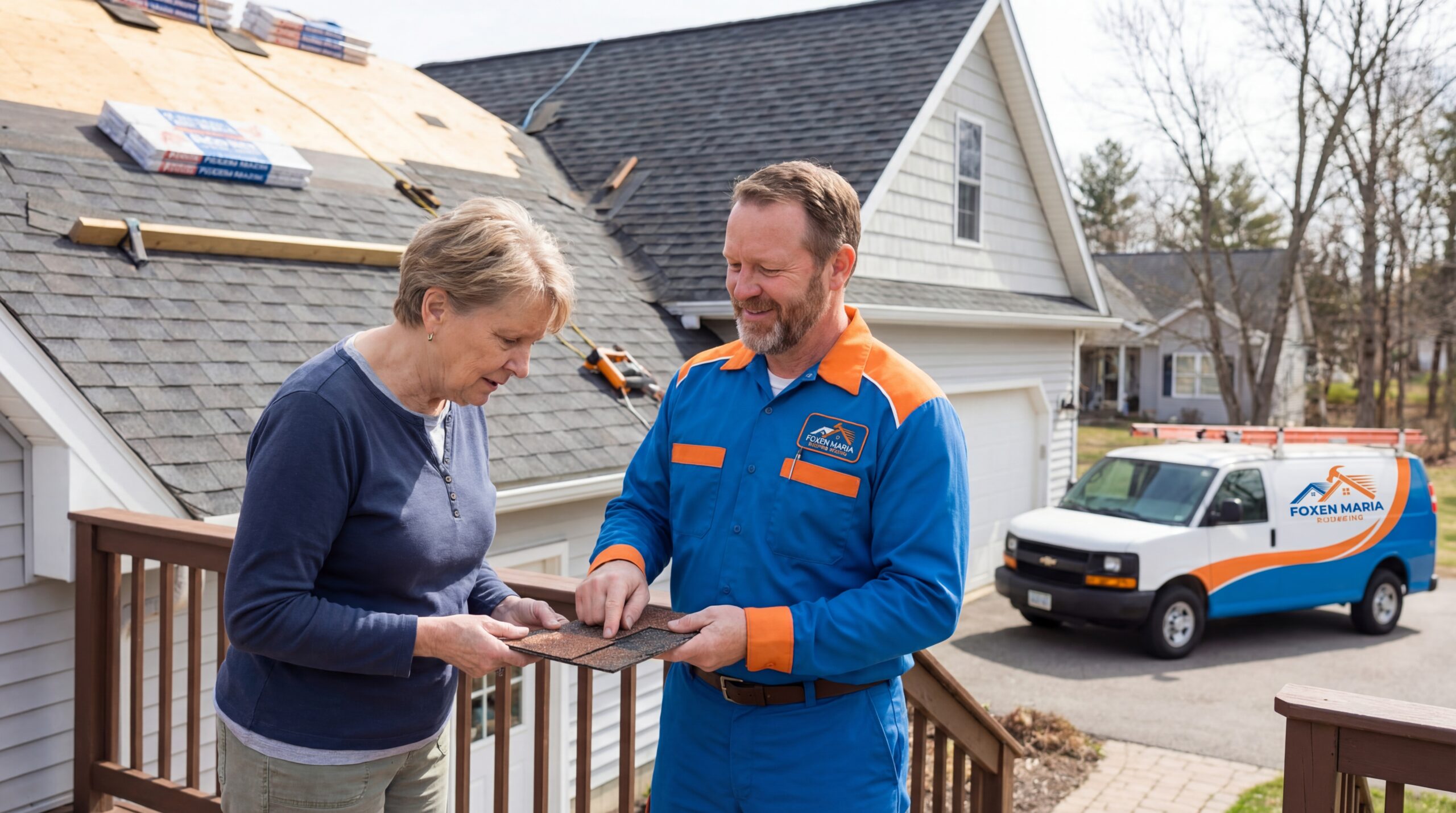 Foxen Maria Roofing Contractor Reviewing Roofing Samples with Santa Maria CA Homeowner