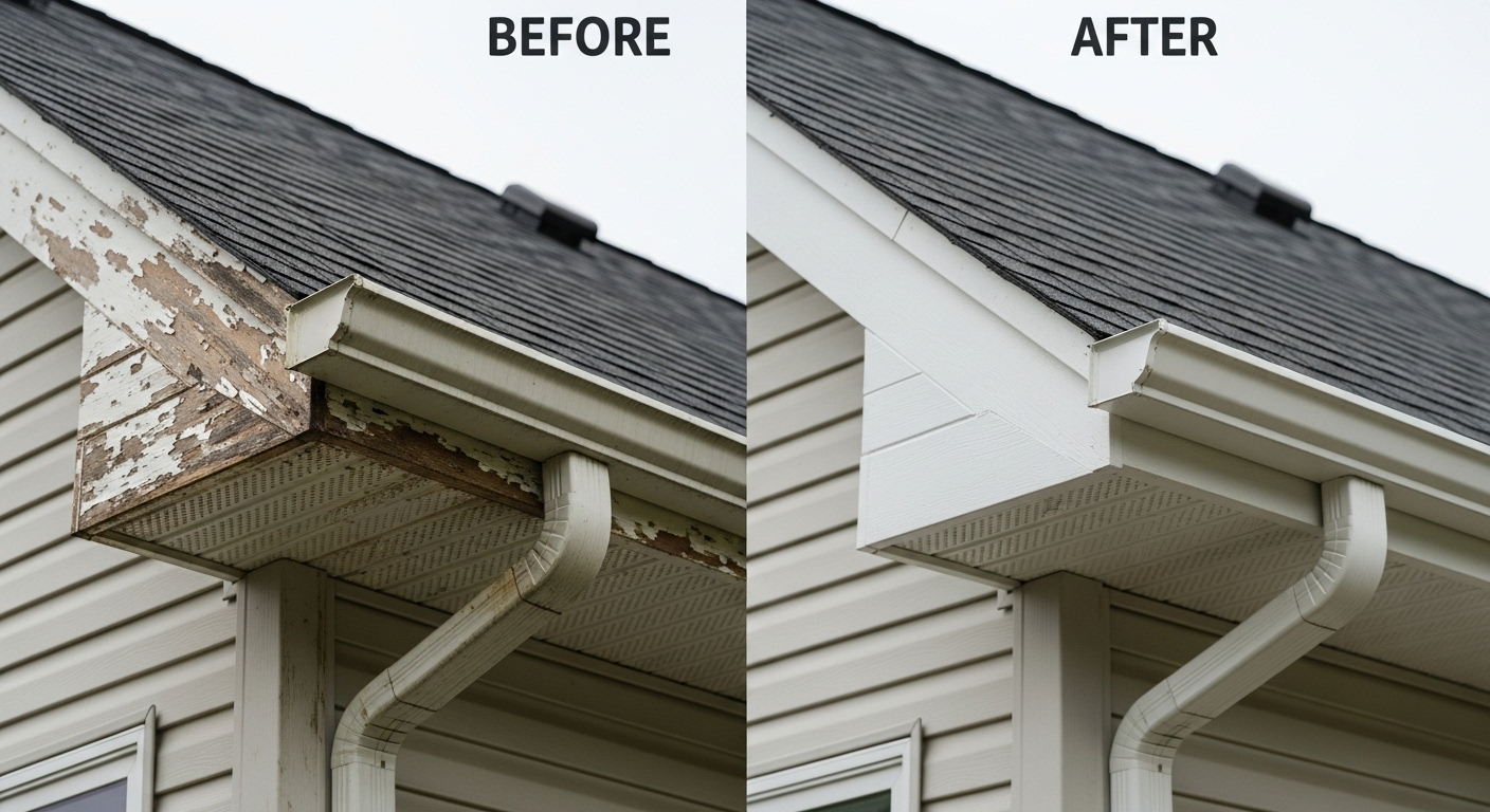 Before and after fascia soffit roof repair in Santa Maria CA by Foxen Maria Roofing