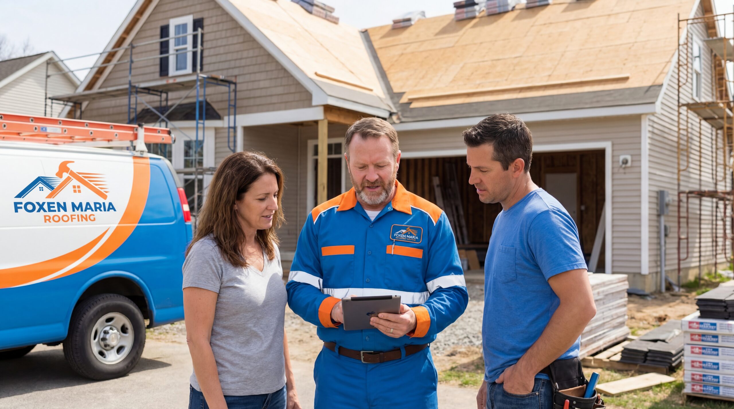 Professional Roofing Contractors Santa Maria CA Reviewing Roof Repair Quote with Homeowners